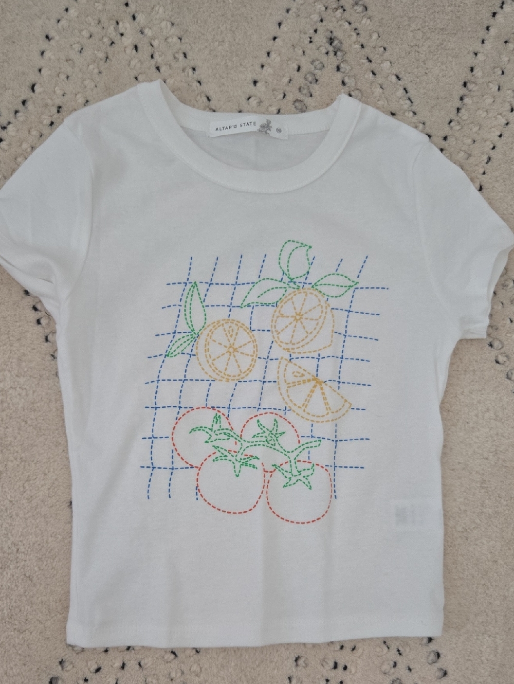 Altar'd State White Tee with Citrus & Tomato Embroidery